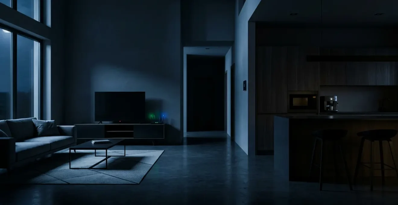 Intérieur de maison moderne la nuit avec appareils électroniques en veille émettant de faibles lumières