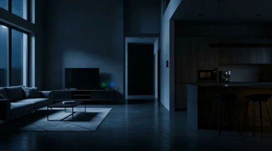 Intérieur de maison moderne la nuit avec appareils électroniques en veille émettant de faibles lumières