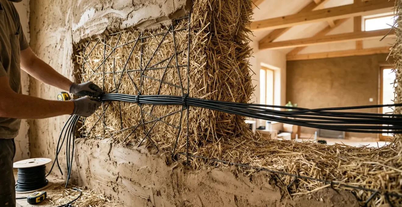 Installation de câbles réseau dans une maison écologique avec murs en paille et enduits terre