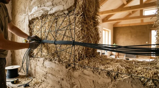 Installation de câbles réseau dans une maison écologique avec murs en paille et enduits terre