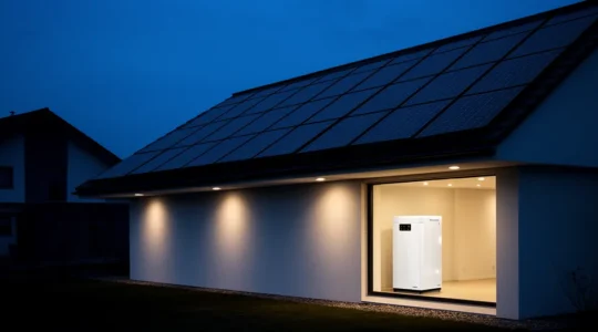 Maison moderne équipée de panneaux solaires avec batterie domestique visible en arrière-plan, éclairée en soirée montrant son autonomie énergétique