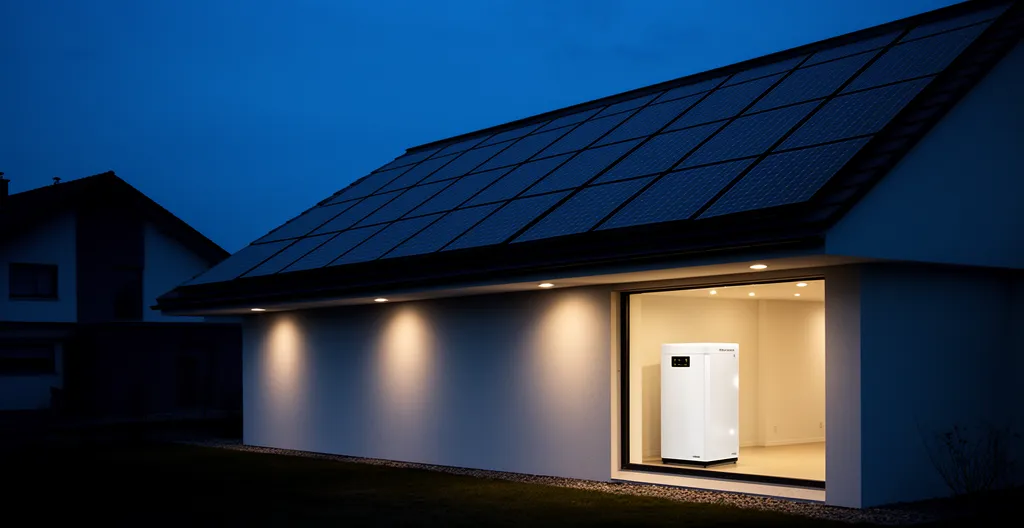 Maison moderne équipée de panneaux solaires avec batterie domestique visible en arrière-plan, éclairée en soirée montrant son autonomie énergétique