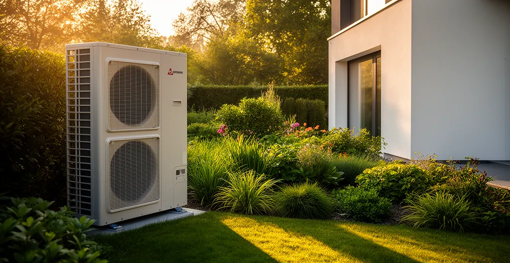 Vue d'ensemble d'une installation de pompe à chaleur moderne dans un jardin résidentiel avec système de commande visible