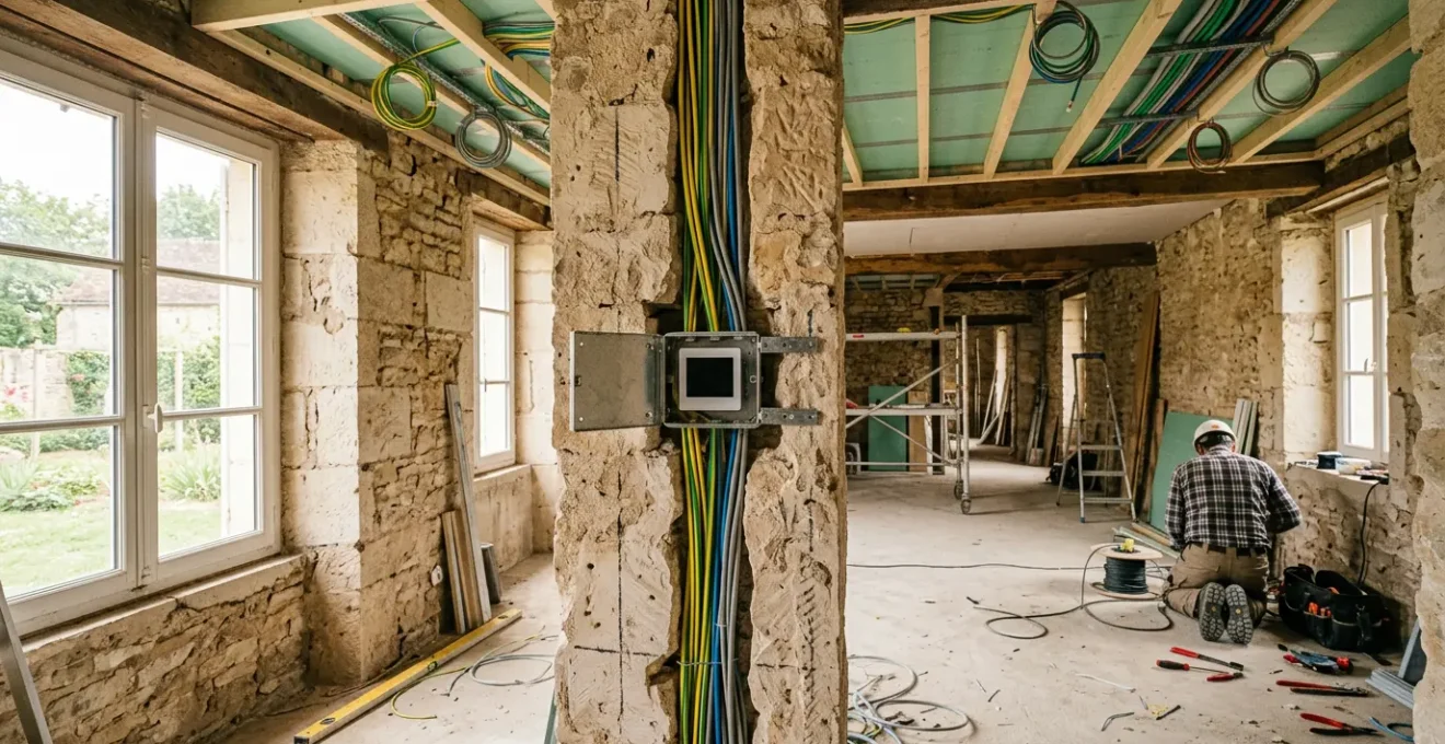 Maison en rénovation avec intégration de système domotique lors du gros œuvre, montrant l'installation de câbles et capteurs pendant les travaux
