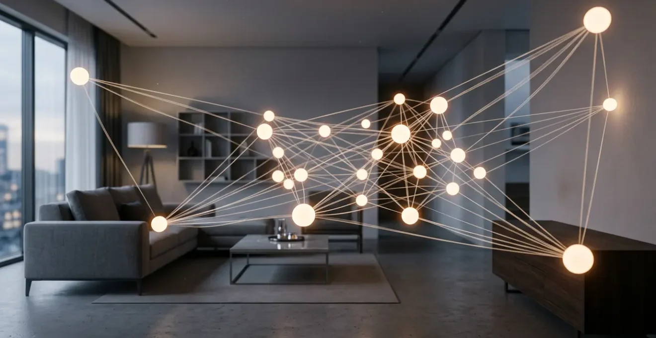 Vue conceptuelle d'un réseau maillé intelligent avec multiples nœuds lumineux interconnectés dans un espace moderne