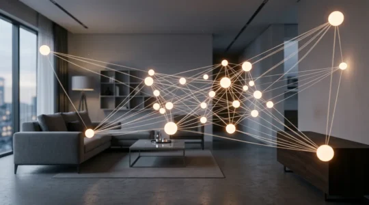 Vue conceptuelle d'un réseau maillé intelligent avec multiples nœuds lumineux interconnectés dans un espace moderne