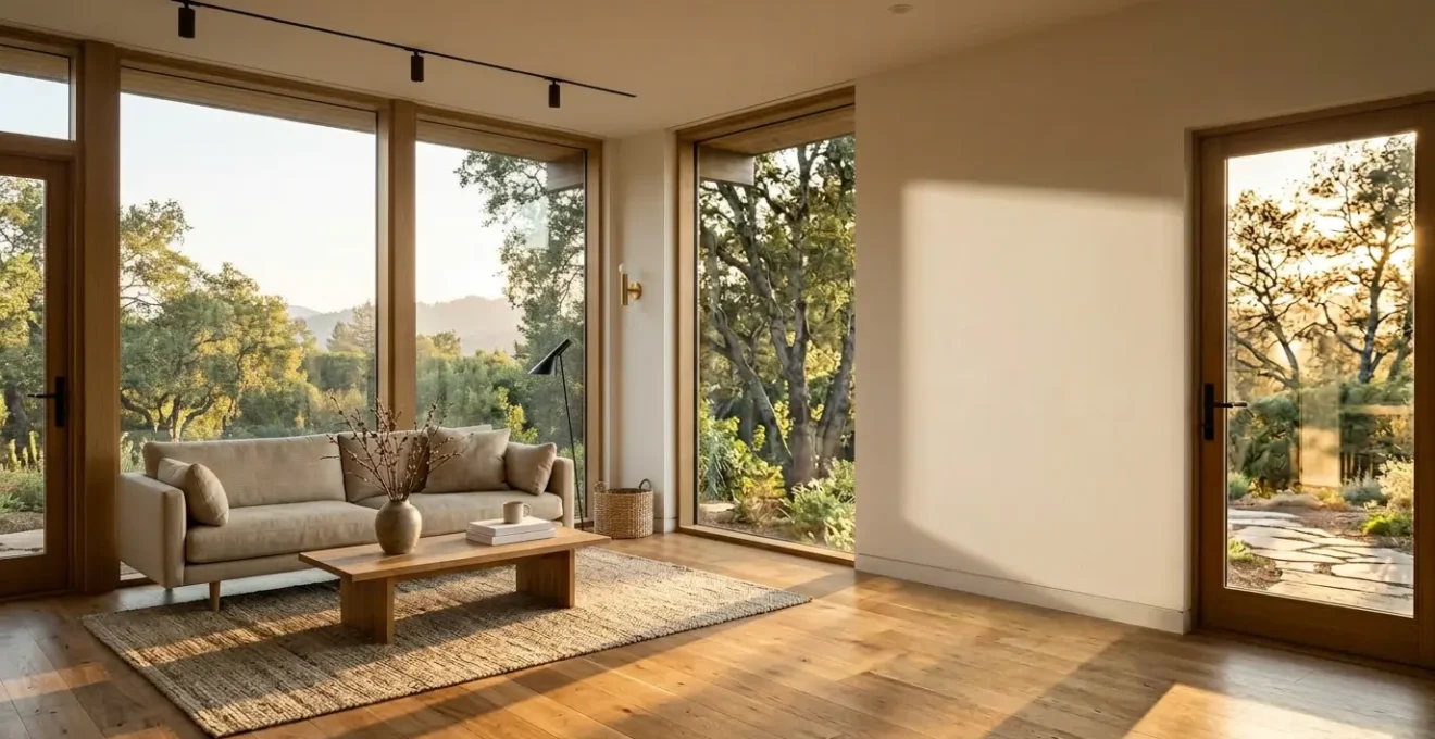 Salon moderne baigné dans une lumière dorée douce avec des variations d'éclairage créant une atmosphère accueillante