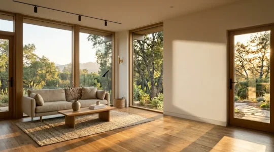 Salon moderne baigné dans une lumière dorée douce avec des variations d'éclairage créant une atmosphère accueillante