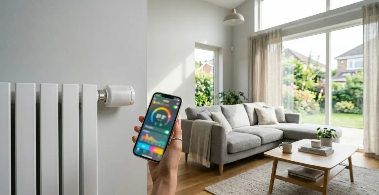 Vue d'un salon moderne avec radiateurs équipés de vannes thermostatiques connectées et smartphone montrant l'application de contrôle