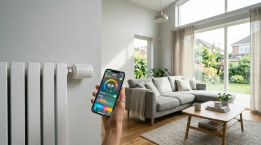 Vue d'un salon moderne avec radiateurs équipés de vannes thermostatiques connectées et smartphone montrant l'application de contrôle
