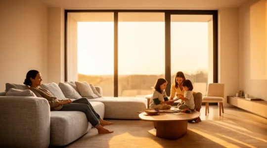 Famille dans un salon lumineux avec éclairage intelligent naturel et interfaces domotiques discrètes