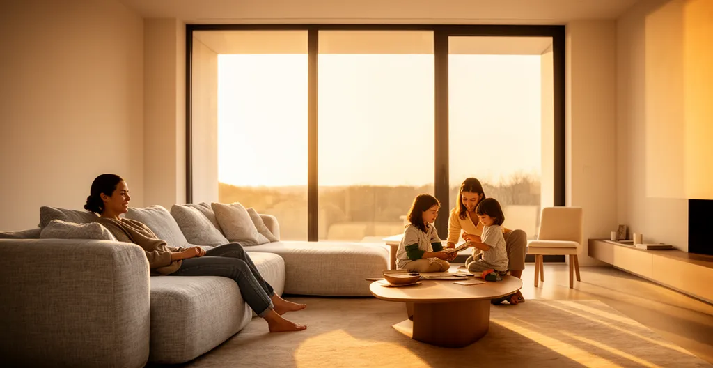 Famille dans un salon lumineux avec éclairage intelligent naturel et interfaces domotiques discrètes