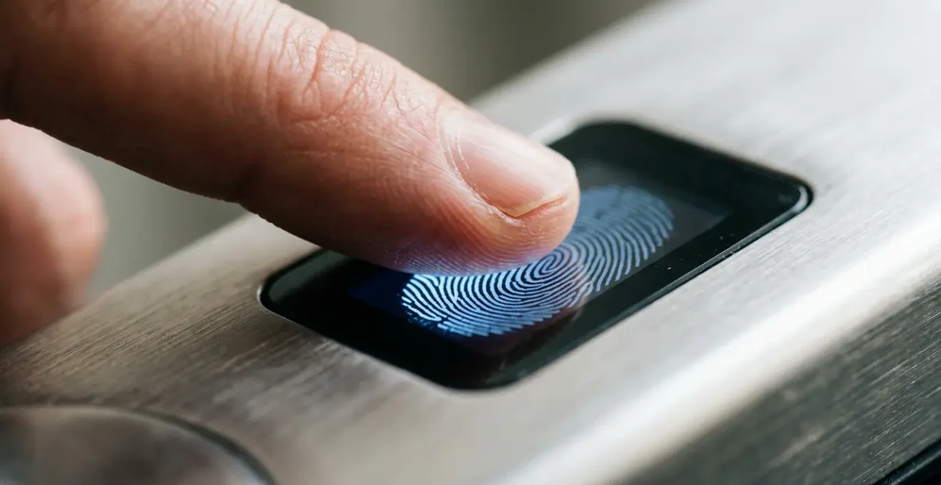 Gros plan d'un doigt posé sur un capteur biométrique capacitif de serrure intelligente avec reflets lumineux bleutés indiquant la reconnaissance