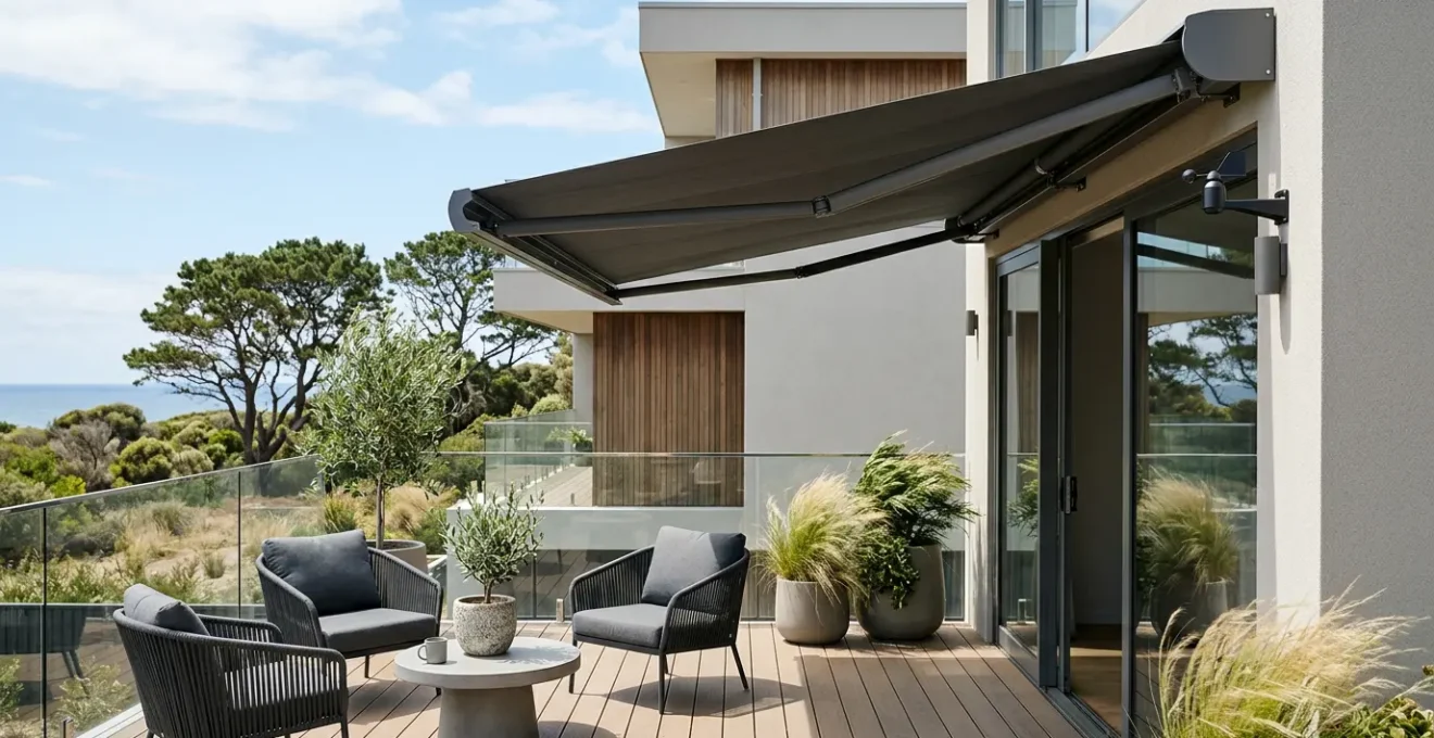 Store banne automatique avec capteur de vent installé sur une terrasse moderne