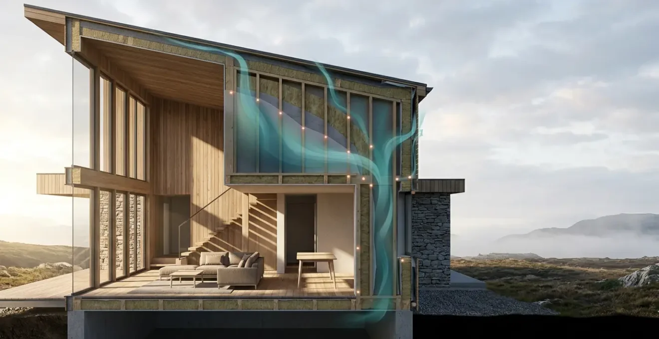 Vue d'ensemble d'une maison moderne équipée de capteurs d'humidité intelligents pour la protection structurelle