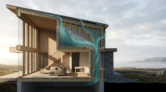 Vue d'ensemble d'une maison moderne équipée de capteurs d'humidité intelligents pour la protection structurelle