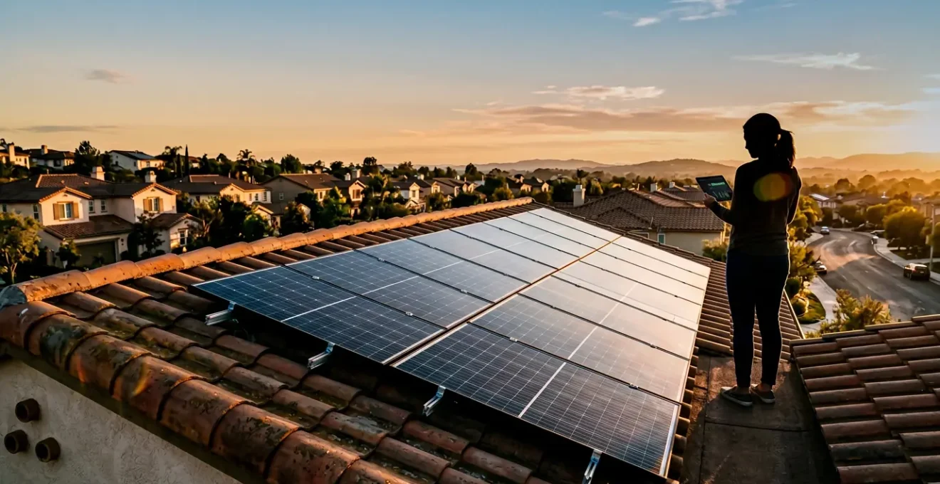 Installation de surveillance de panneaux solaires sur toiture résidentielle montrant l'analyse en temps réel de la production