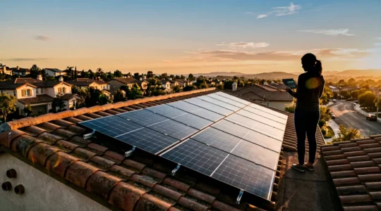 Installation de surveillance de panneaux solaires sur toiture résidentielle montrant l'analyse en temps réel de la production