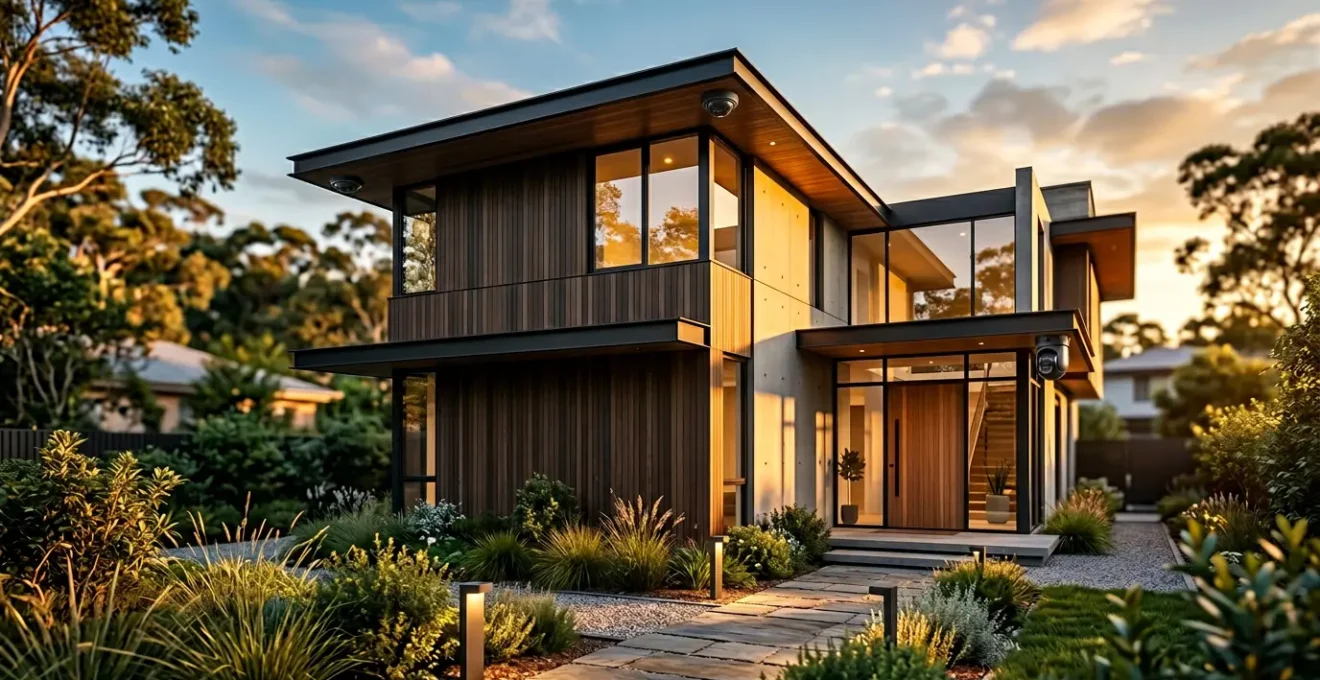 Système de vidéosurveillance résidentiel avec caméras discrètes installées sur une maison moderne