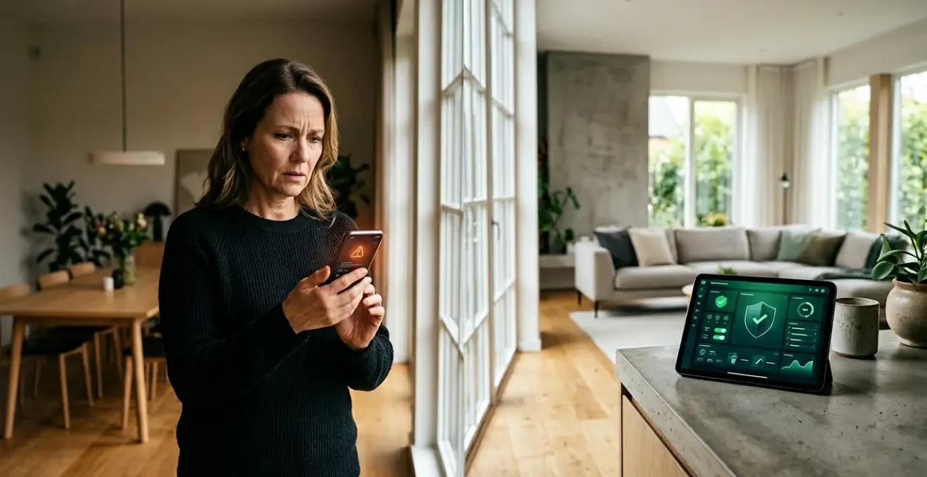 Intérieur moderne avec centrale d'alarme et smartphone montrant une application de sécurité