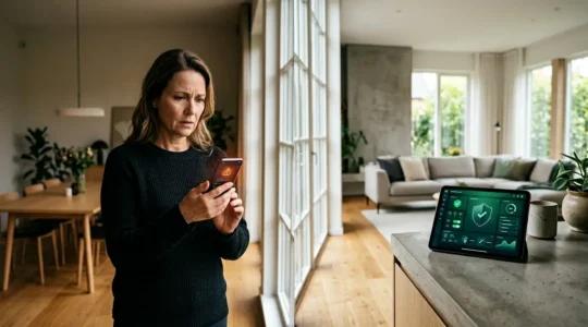 Intérieur moderne avec centrale d'alarme et smartphone montrant une application de sécurité