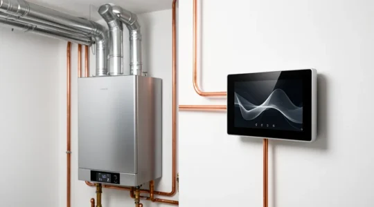 Vue détaillée d'une chaudière à condensation moderne avec thermostat intelligent modulant et courbes de température