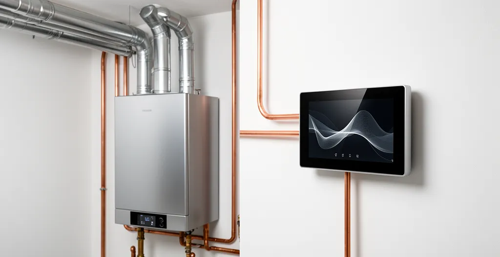 Vue détaillée d'une chaudière à condensation moderne avec thermostat intelligent modulant et courbes de température