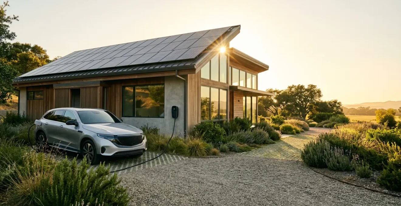 Voiture électrique en charge dans l'allée d'une maison moderne avec panneaux solaires sur le toit