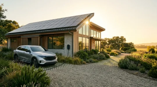 Voiture électrique en charge dans l'allée d'une maison moderne avec panneaux solaires sur le toit