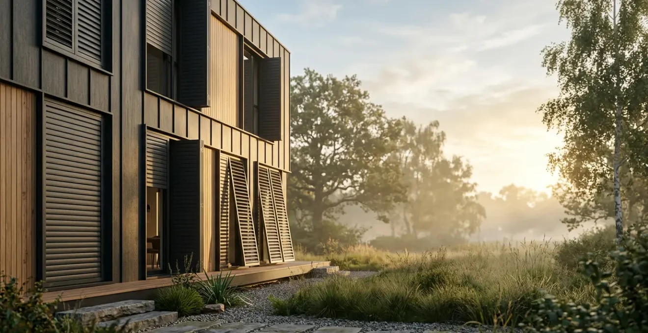 Vue panoramique d'une façade moderne avec volets motorisés s'ouvrant progressivement sous la lumière dorée du matin