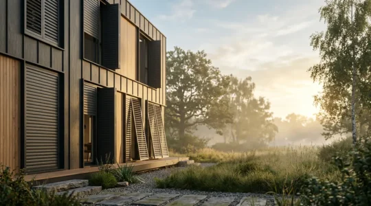 Vue panoramique d'une façade moderne avec volets motorisés s'ouvrant progressivement sous la lumière dorée du matin