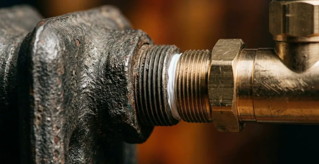 Vue macro d'un adaptateur métallique se vissant sur un ancien radiateur en fonte avec vanne moderne