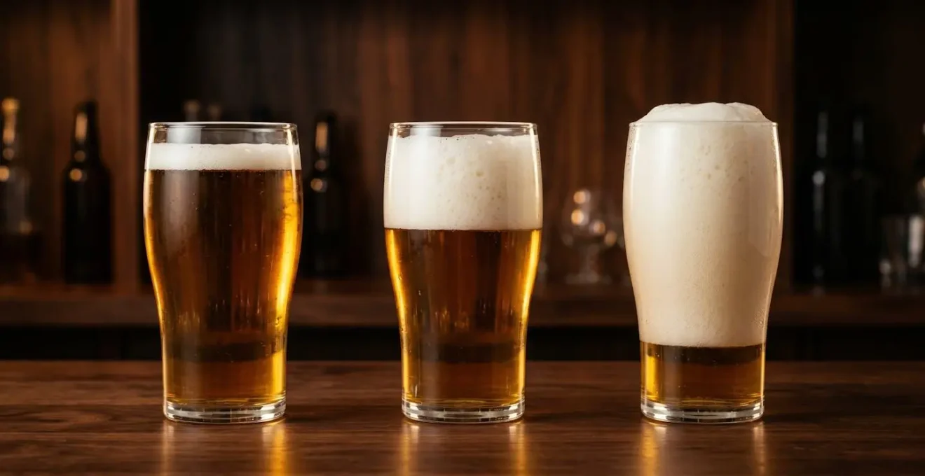 Composition artistique montrant trois verres de bière avec différents niveaux de mousse représentant la puissance électrique