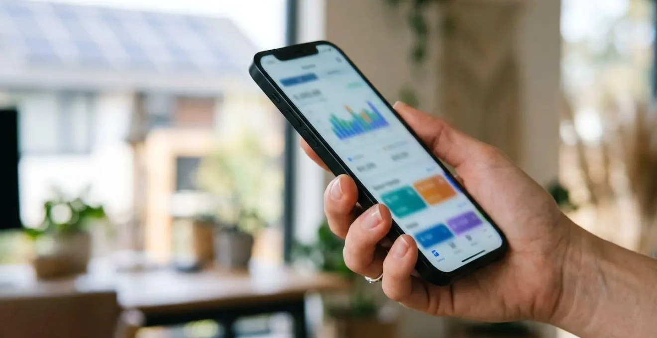Smartphone tenu en main montrant une interface de gestion énergétique avec graphiques circulaires colorés