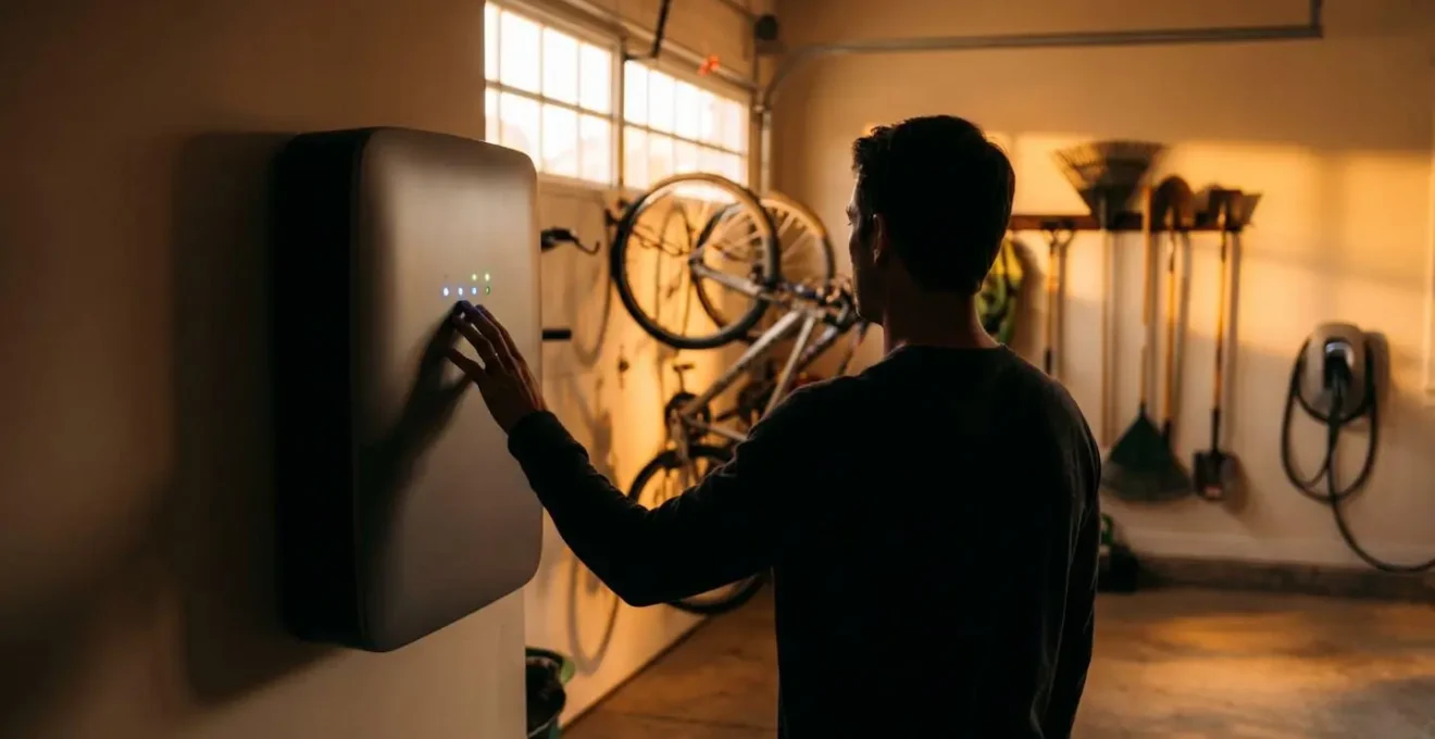Installation résidentielle moderne avec système de stockage d'énergie et borne de recharge véhicule électrique