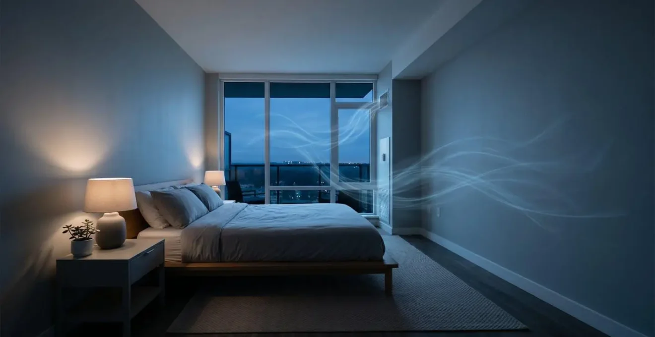 Intérieur de maison la nuit avec flux d'air frais circulant et fenêtres fermées