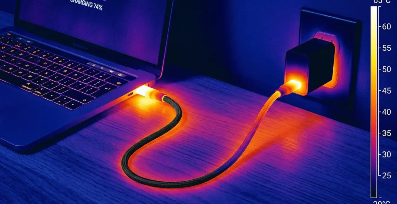Vue thermographique d'un câble de charge montrant les zones de déperdition de chaleur
