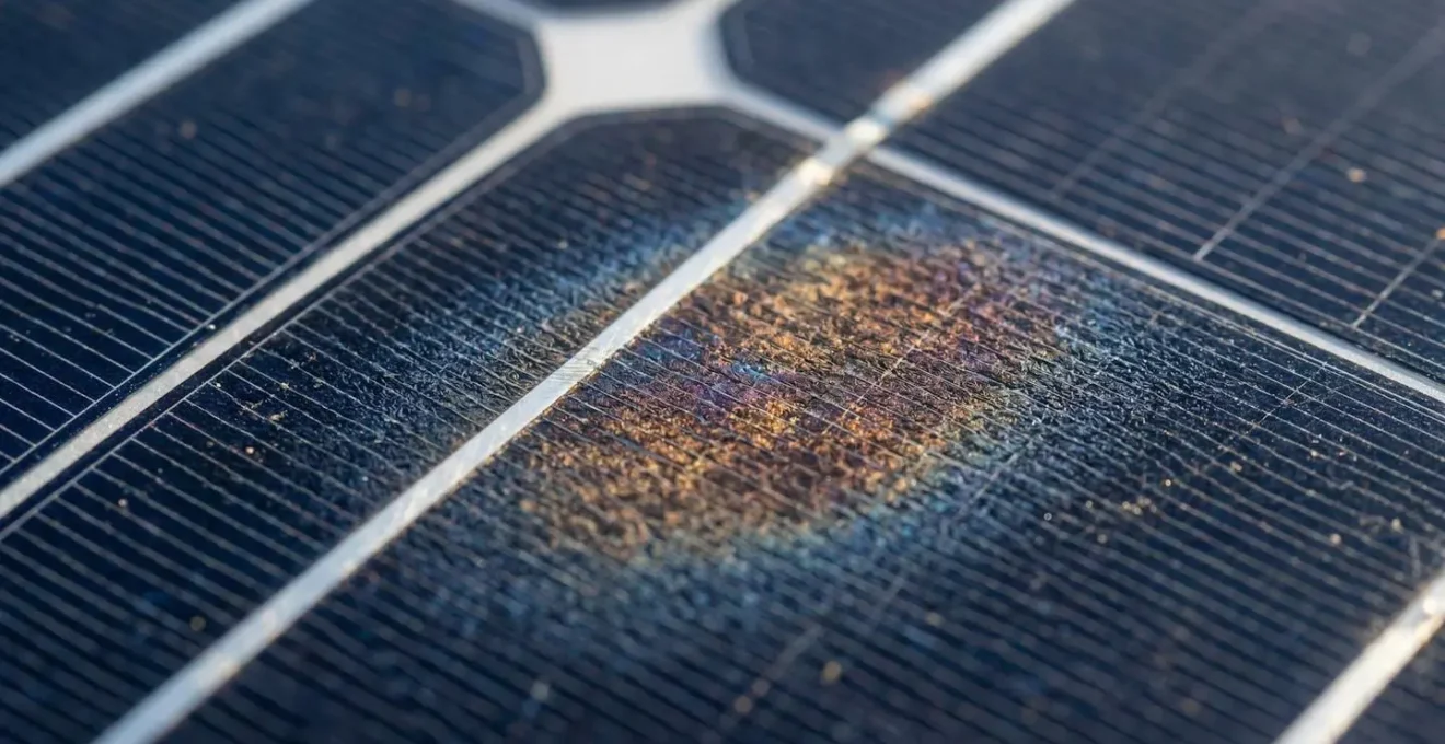Diagnostic thermique de panneaux solaires révélant un point chaud sur une cellule défectueuse