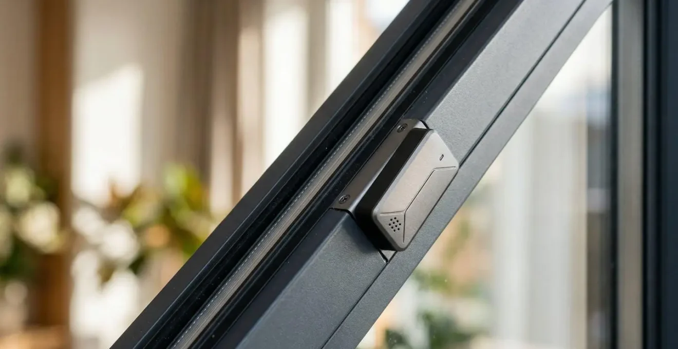 Gros plan sur un capteur sans fil installé sur une fenêtre moderne triple vitrage