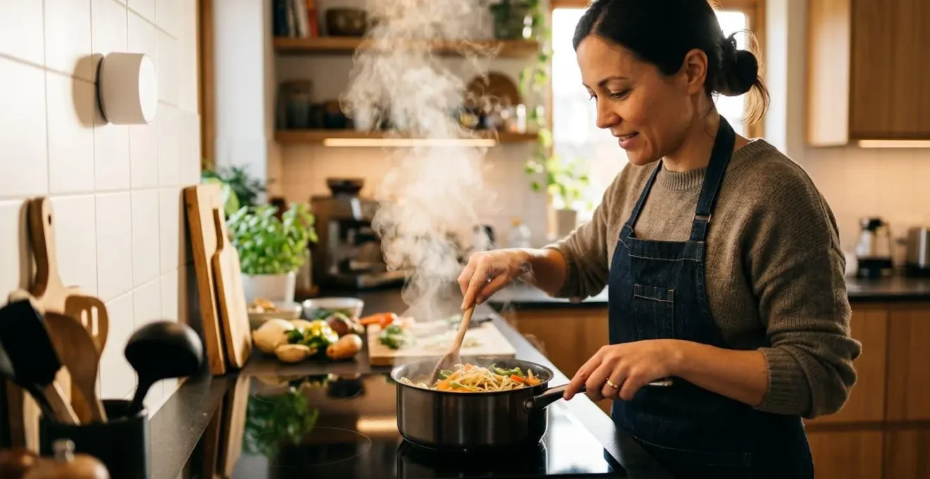 Capteur de qualité d'air moderne dans une cuisine avec vapeur de cuisson visible