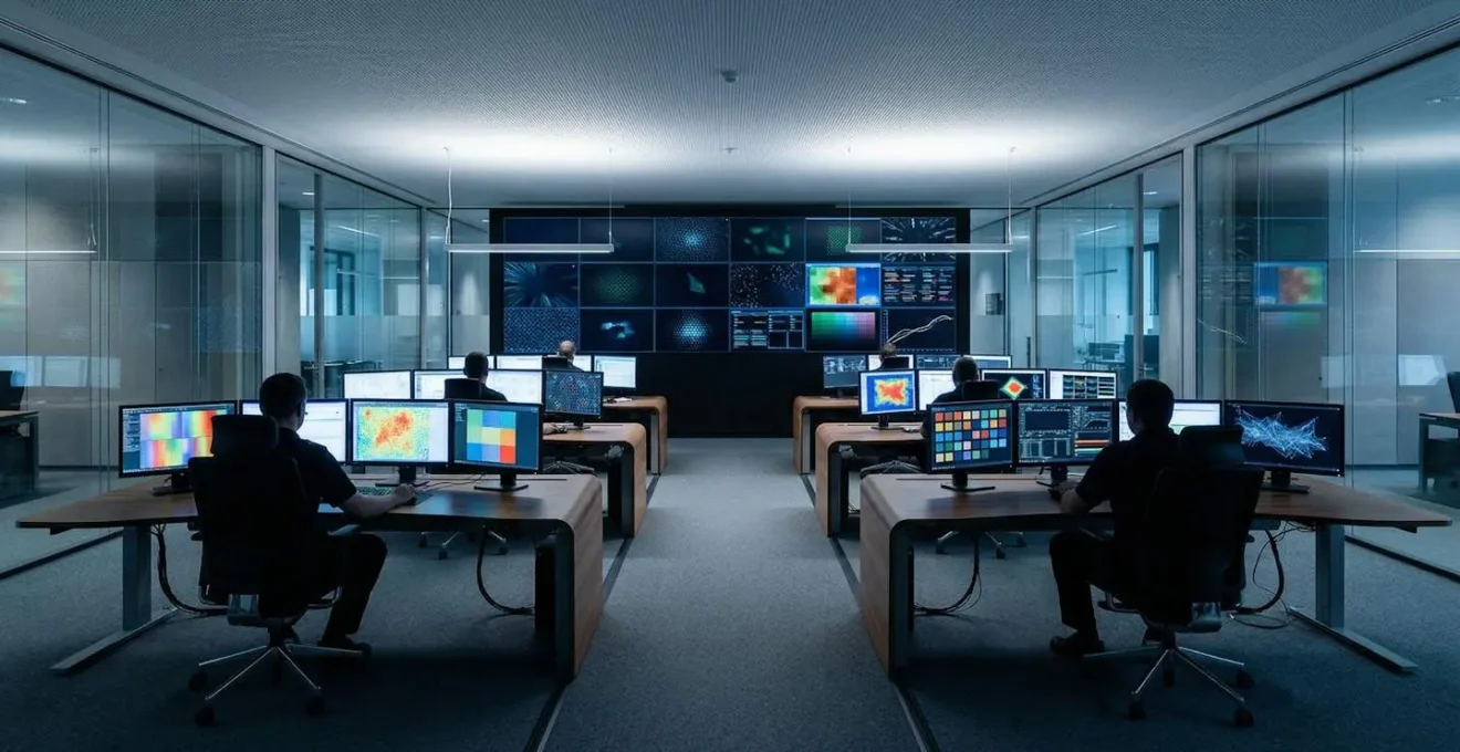 Centre de surveillance avec opérateurs surveillant plusieurs écrans