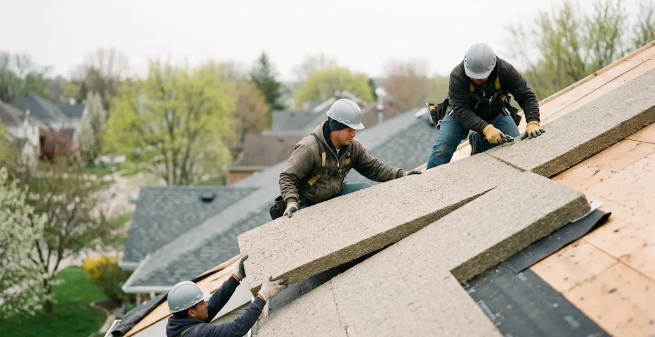 Vue large d'un chantier d'isolation de toiture au printemps avec ouvriers et matériaux