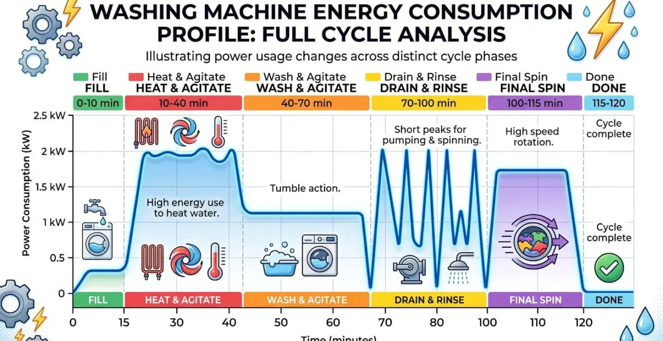 Graphique de consommation électrique d'un lave-linge montrant les différentes phases du cycle