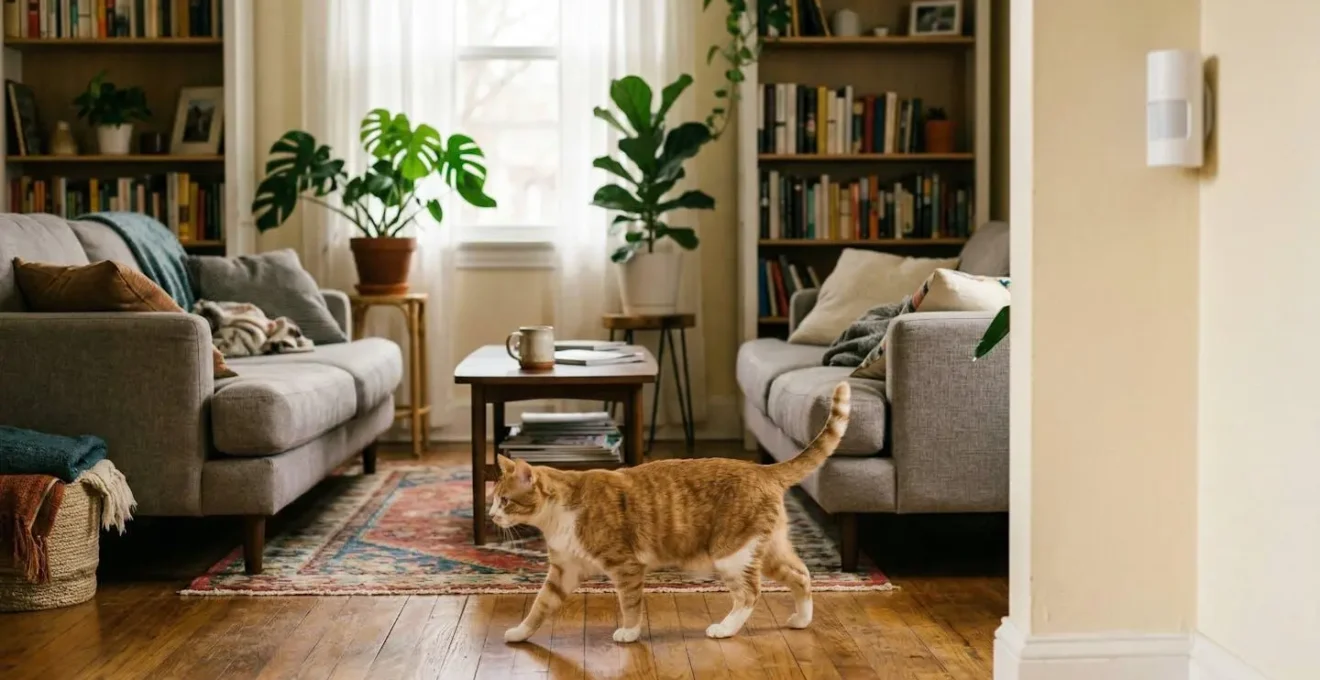 Salon moderne avec chat se déplaçant librement sous un détecteur de mouvement installé en hauteur