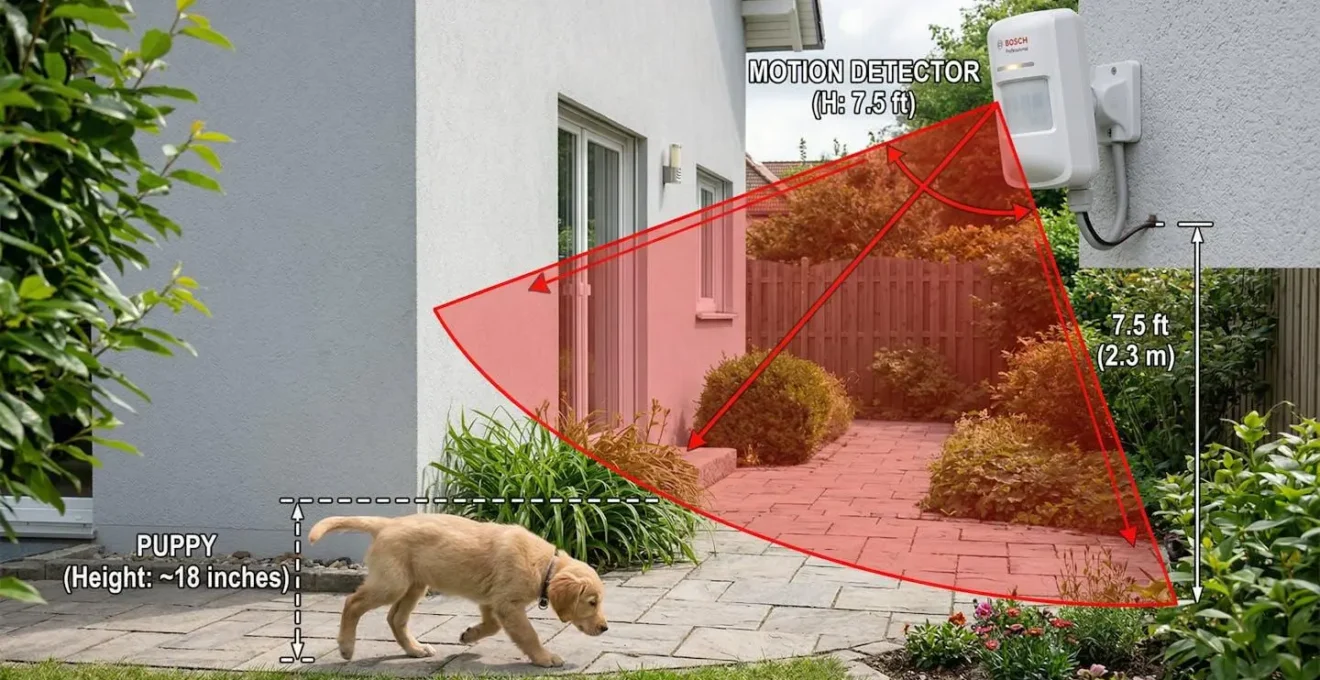 Détecteur de mouvement installé en hauteur avec zone de détection visible évitant un chien au sol