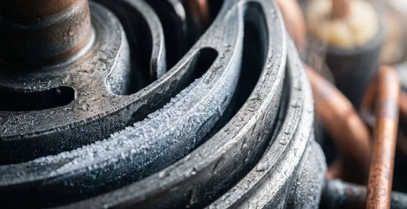 Vue macro du compresseur d'une pompe à chaleur montrant les détails techniques et les cycles de fonctionnement