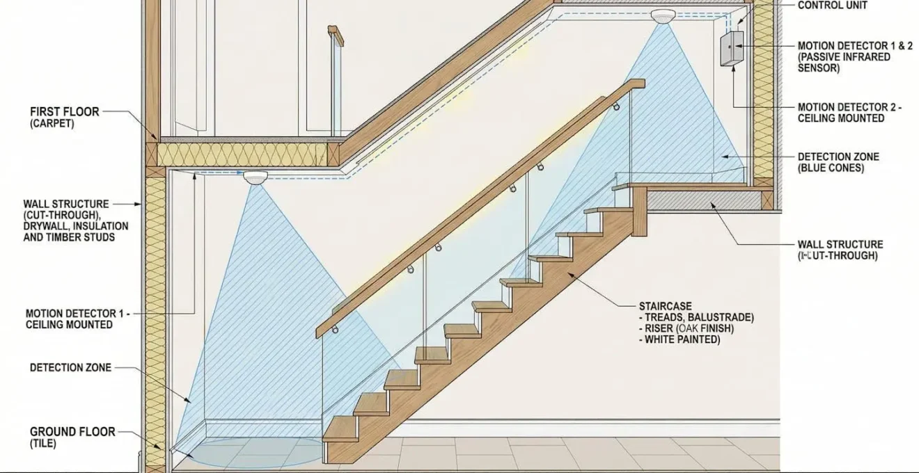Vue en coupe d'un escalier avec deux détecteurs de mouvement positionnés stratégiquement en haut et en bas