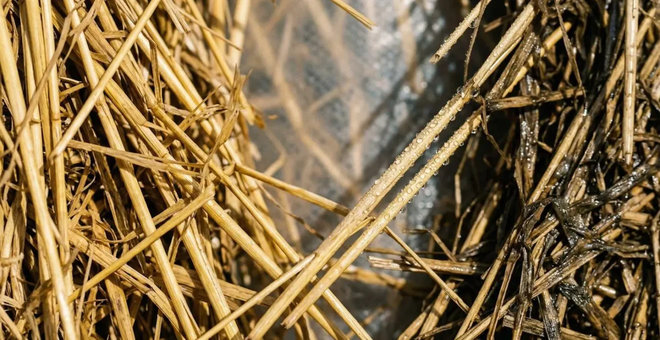 Coupe de mur montrant l'évolution de la dégradation de la paille selon le type de membrane