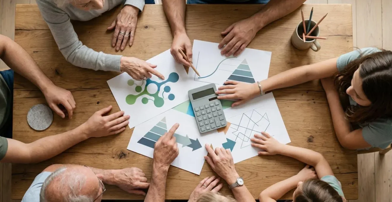Vue d'ensemble d'une table familiale avec calculatrice et papiers de planification budgétaire