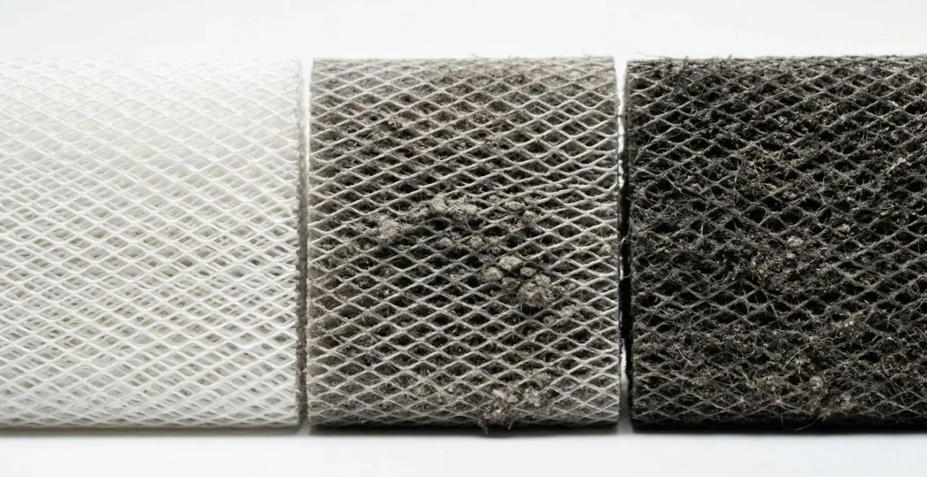 Comparaison macro de trois filtres VMC à différents stades d'encrassement